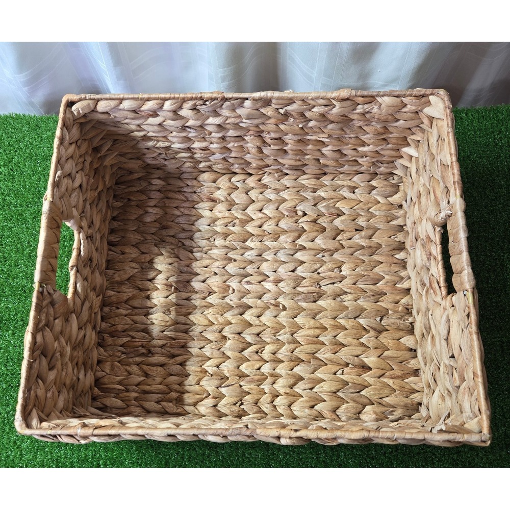 Water Hyacinth Storage Basket, Handwoven, 16"W x 13.5"L x 7" H, Brown handles